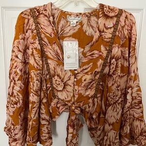 Band of Gypsies Floral Tie-Front Blouse in Mustard and Pink